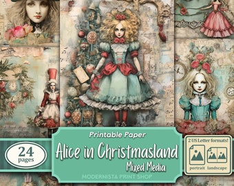 Alice in Christmasland Junk Journal Kit, Mixed Media Papers (Digital Download)