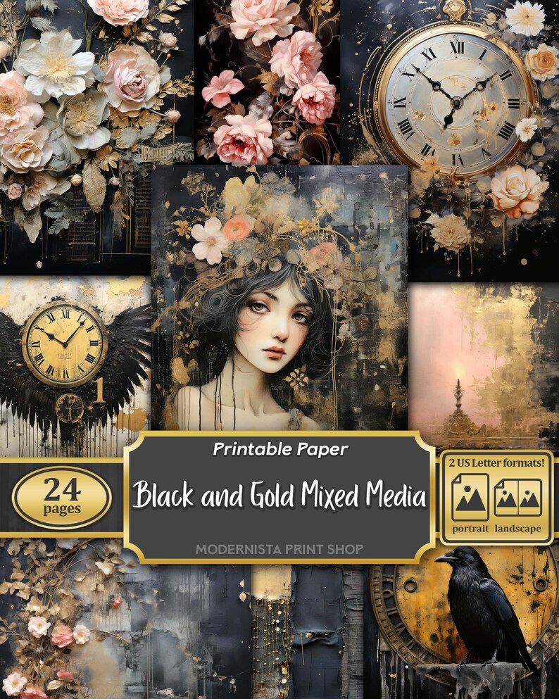 Black and Gold Mixed Media Junk Journal Art Kit, Digital Papers ...