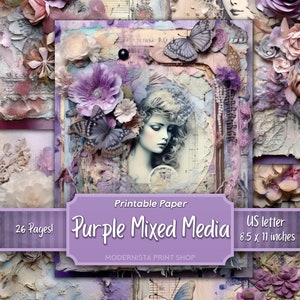 Kit de diário de lixo roxo de mídia mista, papéis digitais, páginas de diário imprimíveis em roxo, papéis de registro no diário, download digital, criação de cartões