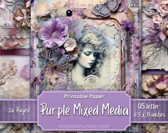 Mixed Media Purple junk journal kit, digital papers, purple printable journal pages, journaling papers, digital download, card making