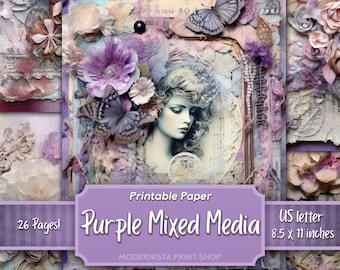Mixed Media Purple junk journal kit, digital papers, purple printable journal pages, journaling papers, digital download, card making