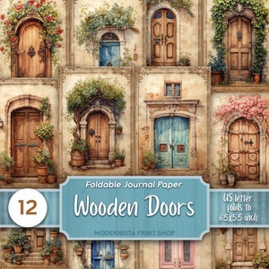 Portas de madeira Papéis digitais de diário lixo vintage, páginas de diário para impressão, papéis de diário, download digital, fabricação de cartões, coisas efêmeras de madeira