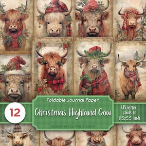 Highland Cow クリスマス ジャンク ジャーナル デジタル ペーパー、HighlandCow 印刷可能なジャーナル ページ、ジャーナリング ペーパー、デジタル ダウンロード、カード作成