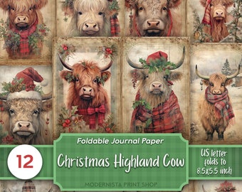 Highland Cow Christmas Junk Journal Digital Papers, HighlandCow Printable Journal Pages, Journaling Papers, Digital Download, Card Making