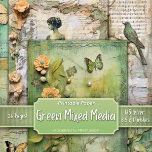 Kit de diário de lixo verde de mídia mista, documentos digitais, páginas de diário imprimíveis verdes, documentos de registro no diário, download digital, criação de cartões