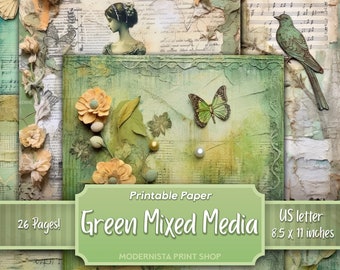 May include: Printable paper pack with 26 pages of green mixed media designs. The designs feature butterflies, flowers, and vintage textures. The paper is 8.5 x 11 inches.