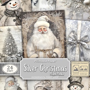 Kit Silver Christmas Junk Journal Mídia mista, papéis digitais, páginas de diário imprimíveis cinza, papéis de registro no diário, coisas efêmeras cinza, criação de cartões