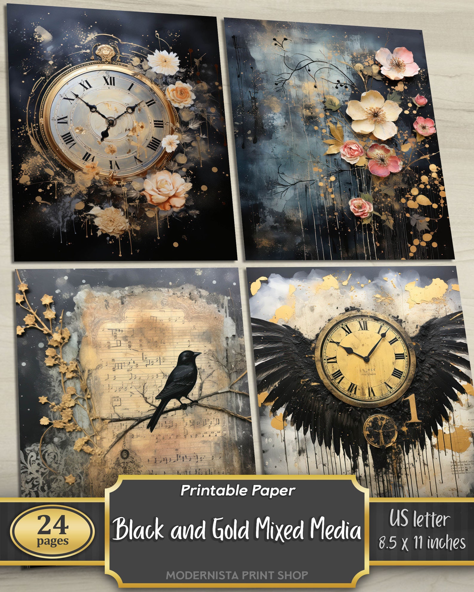Black and Gold Mixed Media Junk Journal Art Kit, Digital Papers ...