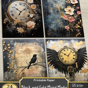 Black and Gold Mixed Media Junk Journal Art Kit, Digital Papers ...