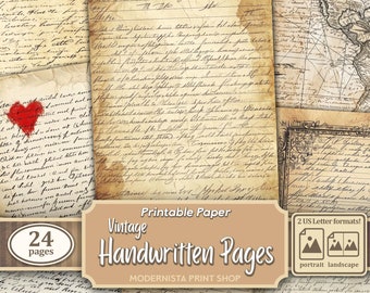 May include: A set of 24 printable vintage handwritten pages in two US letter formats: portrait and landscape. The pages are aged and have a distressed look, with handwritten text and faded ink.