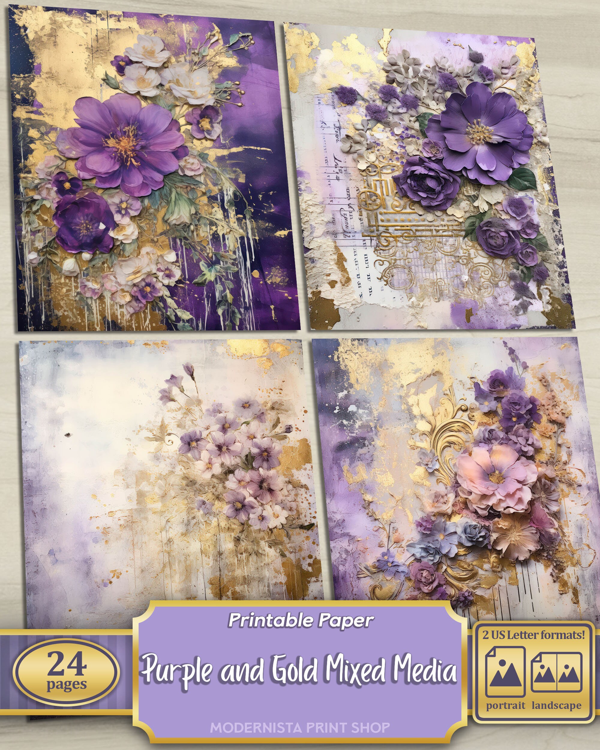 Purple and Gold Mixed Media Junk Journal Art Kit, Digital Papers ...