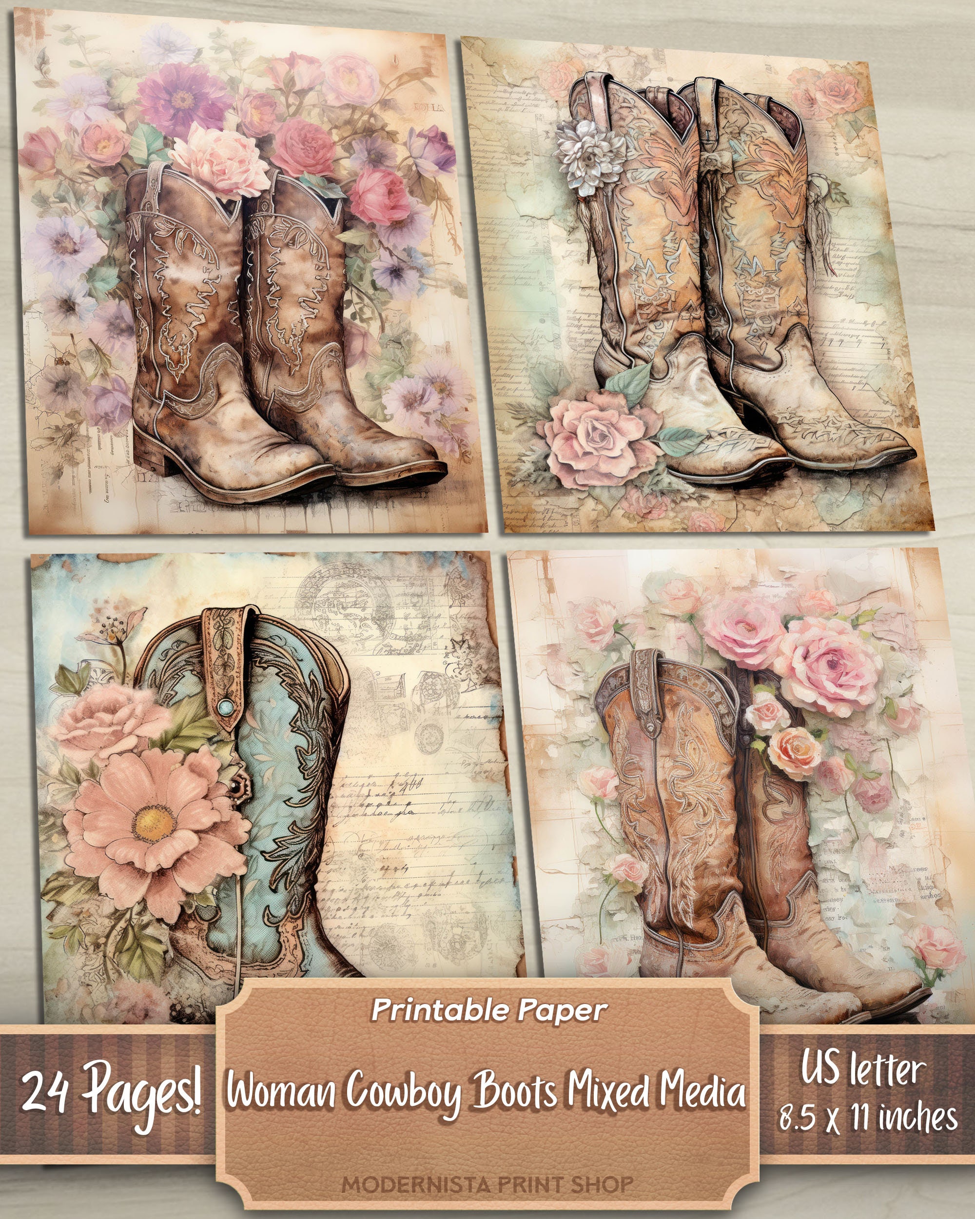 Woman Cowboy Boots Junk Journal Kit Mixed Media, Digital Papers ...