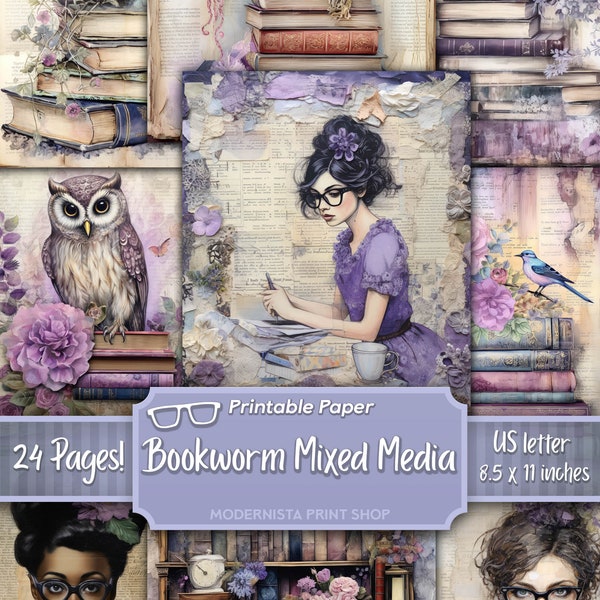 Bookworm Mixed Media junk journal art kit, digital papers, purple printable journal pages, journaling papers, card making, whimsical