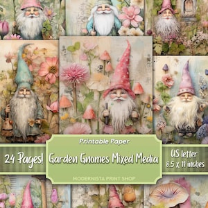 Tuinkabouters Mixed Media Junk Journal kit, digitale papers, gnome afdrukbare dagboekpagina's, journaling papers, digitale download, kaarten maken
