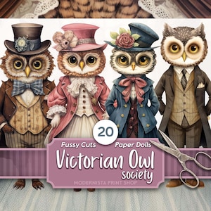 Kit de bonecas de papel de coruja vitoriana | Diário de Bonecas | Corte exigente | Imagens de bonecos digitais | Fabricação de cartões | Kit de diário indesejado | Papel Digital |Cricut