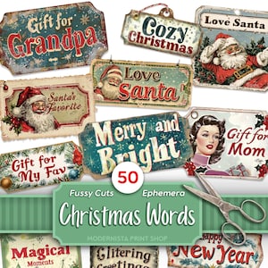 Weihnachtsworte Ephemera Kit | Vintage Tags Journaling | Wählbarer Schnitt | Digitales Papier | Kartengestaltung | Sammelalbum Vintage Ephemera | Geschenkanhänger