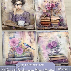 Bookworm Mixed Media Junk Journal Art Kit, Digital Papers, Purple ...