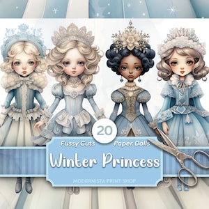 Winter Princess Paper Dolls Kit | Dolls Journaling | Fussy Cut | Card Making | Junk Journal | Digital Paper |  Ephemera | Stickers |ephemera