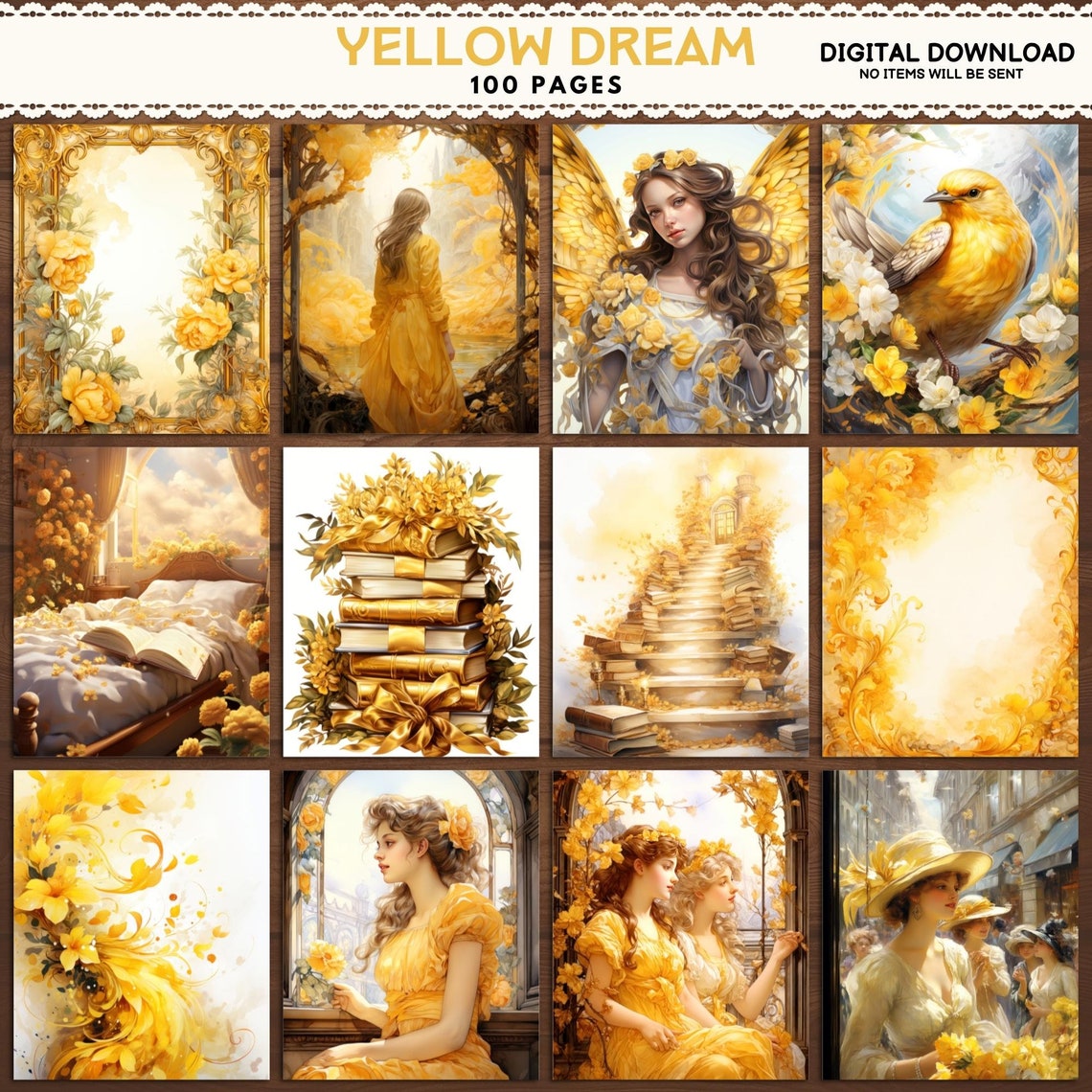 Large Bundle 100 Yellow Digital Papers Art Kit | Yellow Printable ...