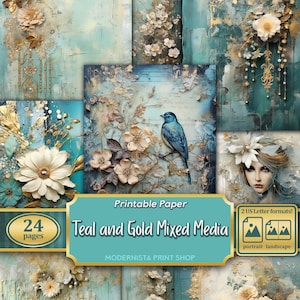 Kit artistico Teal and Gold Mixed Media Junk Journal, documenti digitali, pagine di diario stampabili, documenti di journaling Teal e oro, creazione di carte