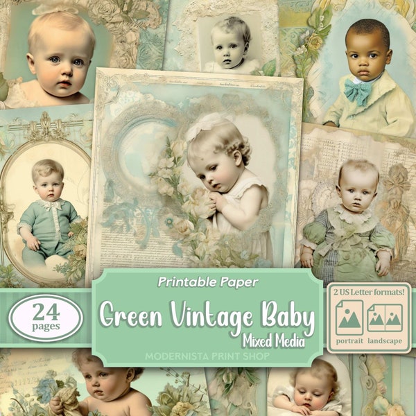 Green Vintage Baby Junk Journal kit Mixed Media, digital papers, Greenprintable journal pages, newborn journaling papers,  scrapbooking