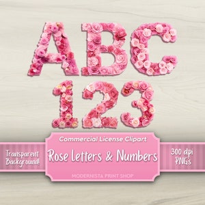 May include: Pink rose flower letters and numbers, A, B, C, 1, 2, 3, with a transparent background. Commercial License Clipart. 300 dpi PNG's. Modernista Print Shop.
