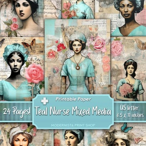 Teal Nurse Journal kit Mídia mista, papéis digitais, páginas de diário imprimíveis em azul-petróleo, papéis de registro no diário, download digital, criação de cartões