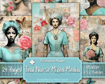 Könnte beinhalten: Ein digitales Papierpaket mit 24 Seiten im Mixed-Media-Stil zum Thema Teal Nurse. Die Designs zeigen Vintage-Illustrationen von Krankenschwestern, Blumen, Schmetterlingen und Noten. Das Papierpaket ist auf Papier im US-Letter-Format, 21,59 x 27,94 cm, druckbar.