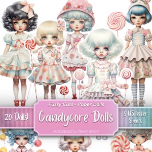 May include: A set of 20 printable paper dolls with a candycore theme. The dolls are dressed in colourful dresses with candy and sweet treats designs. The dolls are ready to be cut out and played with. The image also includes the text "Fussy Cuts - Paper Dolls", "Candycore Dolls", "20 Dolls!" and "5 US letter Sheets".