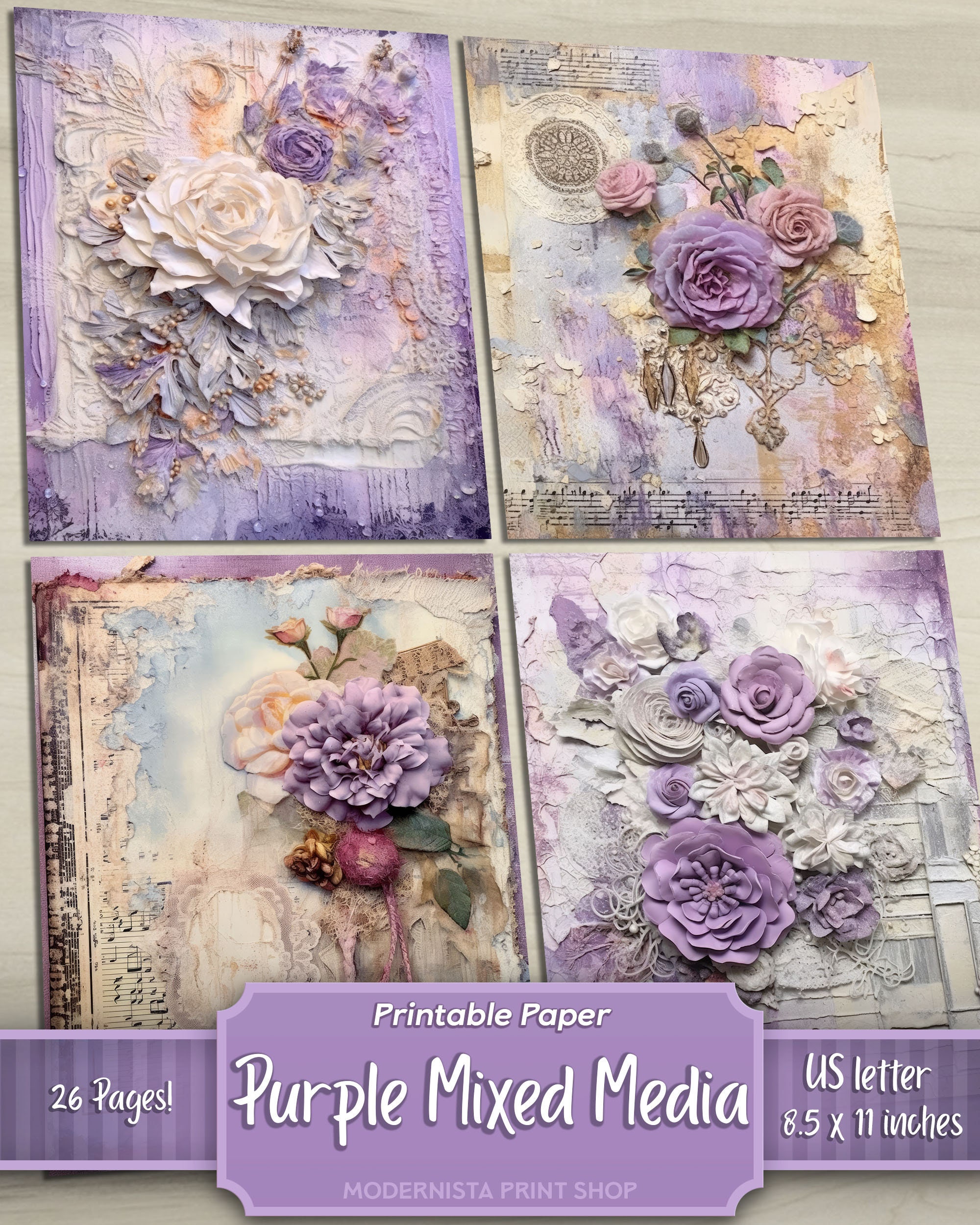 Mixed Media Purple Junk Journal Kit, Digital Papers, Purple Printable ...
