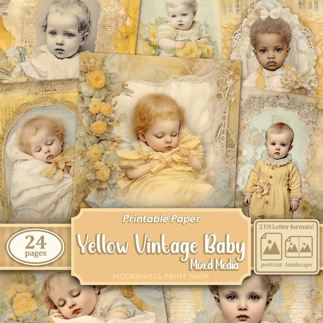 Yellow Vintage Baby Junk Journal Kit: Victorian Digital Papers (digital ...