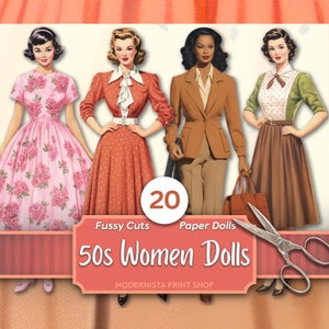 Kit di bambole di carta da donna degli anni '50 / Diario delle bambole / Taglio pignolo / Immagini di bambole digitali / Creazione di cartoline / Effimeri vintage anni '50 / Adesivi