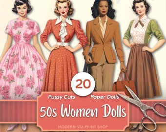 50s Women Paper Dolls Kit | Dolls Journaling | Fussy Cut | Digital Dolls Images | Card Making | 50's Vintage Ephemera | Stickers