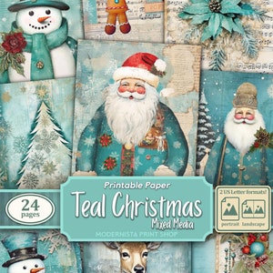 Kit de journal indésirable de Noël bleu sarcelle, techniques mixtes, papiers numériques, pages de journal imprimables beiges, papiers de journalisation, téléchargement numérique, fabrication de cartes