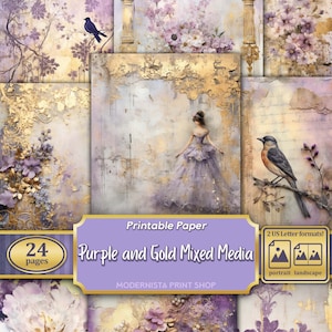 Kit de arte de Junk Journal de mídia mista roxa e dourada, papéis digitais, páginas de diário imprimíveis, papéis de diário roxo e dourado, criação de cartões