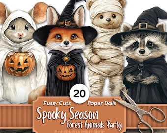May include: A set of 20 spooky season paper dolls featuring forest animals dressed in Halloween costumes. The animals include a mouse, fox, bear, and raccoon. The paper dolls are perfect for a Halloween party or craft project.