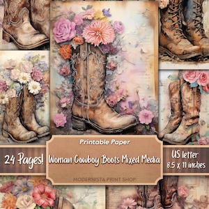 Woman Cowboy Boots Junk Journal kit Mídia mista, papéis digitais, páginas de diário imprimíveis, papéis de registro no diário, download digital, criação de cartões