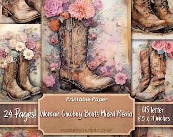Woman Cowboy Boots Junk Journal kit Mixed Media, papiers numériques, pages de journal imprimables, papiers de journalisation, téléchargement numérique, fabrication de cartes