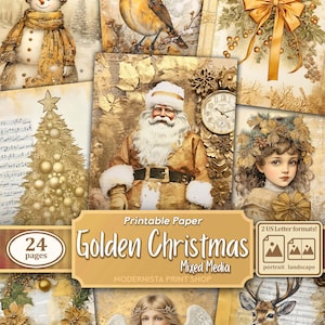 Kit de diário de Natal dourado, mídia mista, papéis digitais, páginas de diário imprimíveis douradas, papéis de diário, itens efêmeros do Papai Noel, criação de cartões
