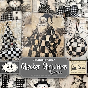 Checker Christmas Junk Journal kit, Mixed Media, digitale Papiere, Journalpapier, beige Seiten zum Ausdrucken, digitaler Download, Karten