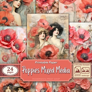Poppies Flower Journal Kit Mixed Media, digitale Papiere, druckbare Journalseiten mit Blumen, Journaling Papiere, digitaler Download, Kartenherstellung