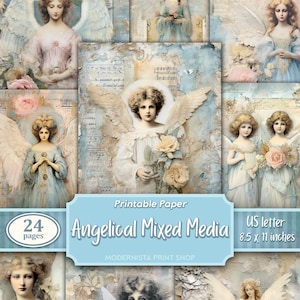 Angelical Junk Journal Mixed Media art kit, digital papers, angels printable journal pages, blue  journaling papers, card making, cupid