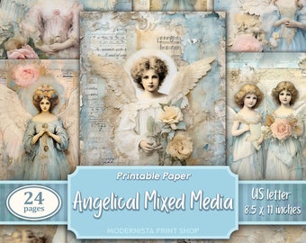 Angelical Junk Journal Mixed Media art kit, digital papers, angels printable journal pages, blue  journaling papers, card making, cupid