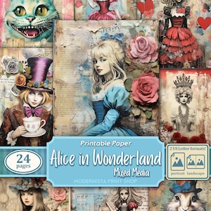 Zestaw dziennika Alice in Wonderland Junk Media mieszane, papiery cyfrowe, strony dziennika do druku, papiery do dziennika, pobieranie cyfrowe, tworzenie kartek
