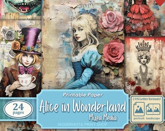 May include: Printable paper pack with 24 pages featuring Alice in Wonderland themed illustrations. The pack includes images of Alice, the Mad Hatter, the Cheshire Cat, and other characters from the book. The paper is suitable for scrapbooking, card making, and other craft projects.