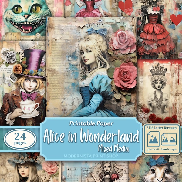 Alice in Wonderland Junk Journal kit Mixed Media, Digital Papers, Printable Journal Pages, Journaling papers, digital download, Card Making