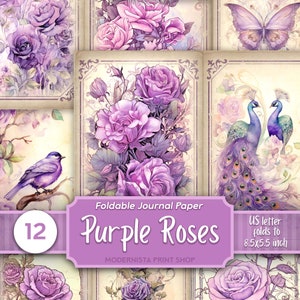 Lila Rosen Junk Journal Seiten, digitale Papiere, bedruckbare Journal Seiten, Lila Blumen Papier, digitaler Download, Kartenherstellung