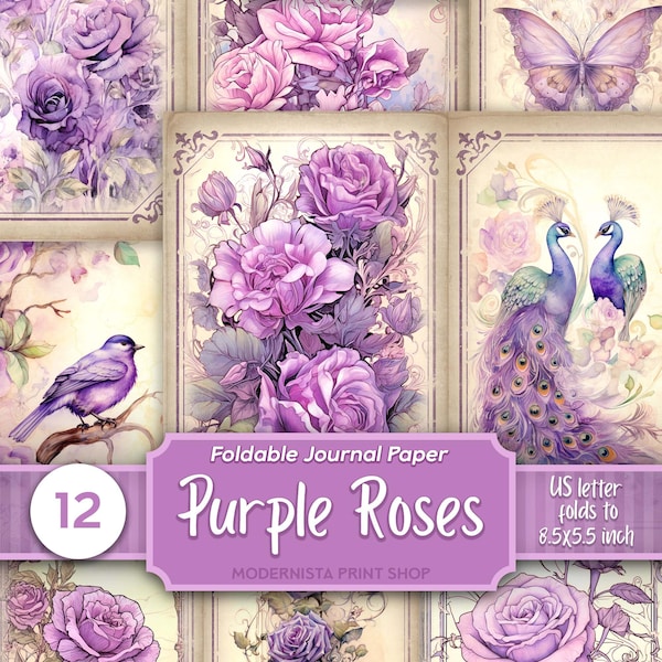 Purple Roses Junk Journal Pages, Digital Papers, Printable Journal Pages, Purple Flowers paper, Digital Download, Card Making
