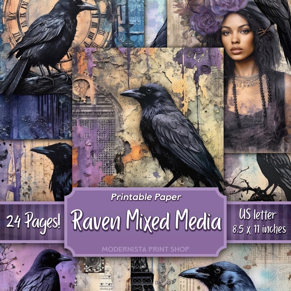 Mixed Media Raven Junk Journal kit, digital papers, purple printable journal pages, journaling papers, digital download, card making, Raven