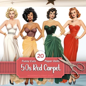 Kit di bambole di carta da donna con tappeto rosso anni '50 / Paperdolls Journaling / Taglio pignolo / Immagini di bambole digitali / Creazione di carte / Effimeri vintage / Stampabile